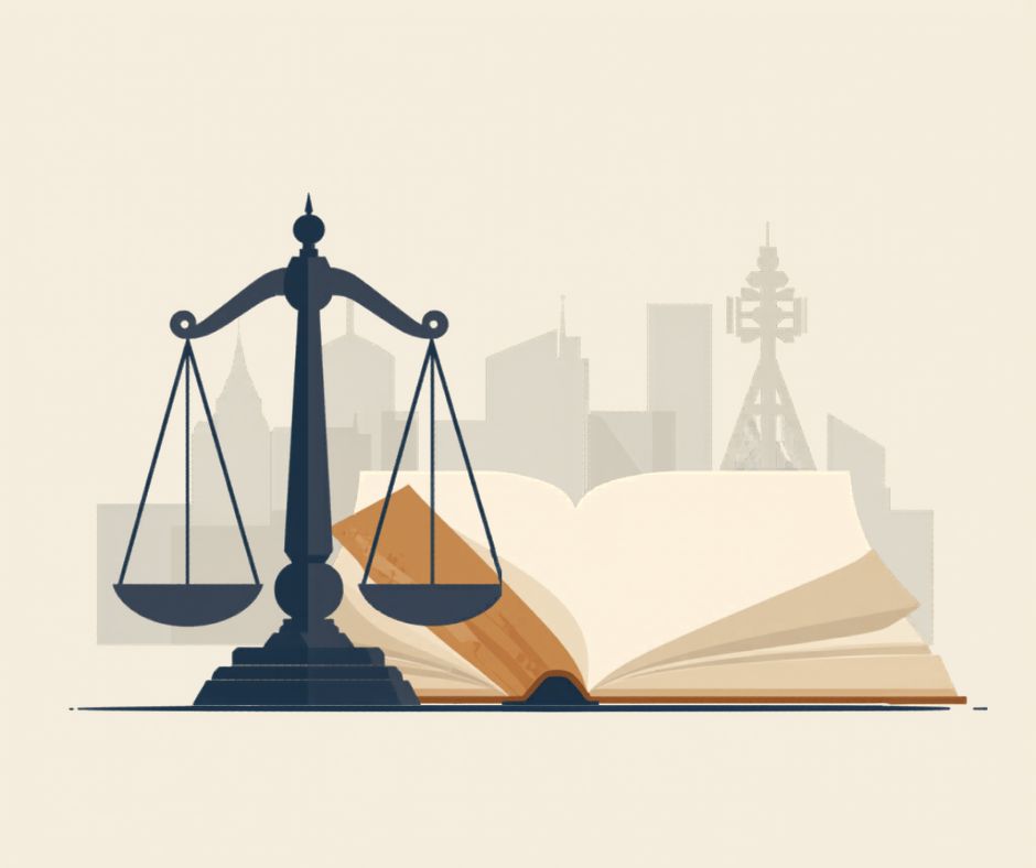 Illustration éditoriale représentant une balance de justice et un livre de droit, avec en arrière-plan une antenne télécom et des bâtiments de bureaux